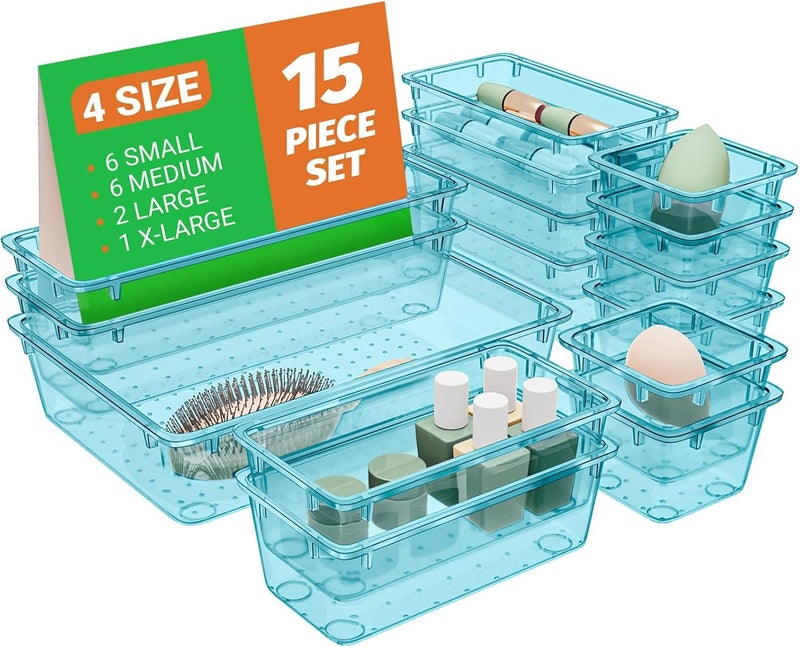 SpaceHacks 15 PCS Clear Plastic Drawer Organizer Set, 4-Size Acrylic Drawer Storage Trays, Storage Bins for Makeup, Gadgets, and Jewelry in Bathroom, Bedroom and Office, Clear Sea Blue - Image 1